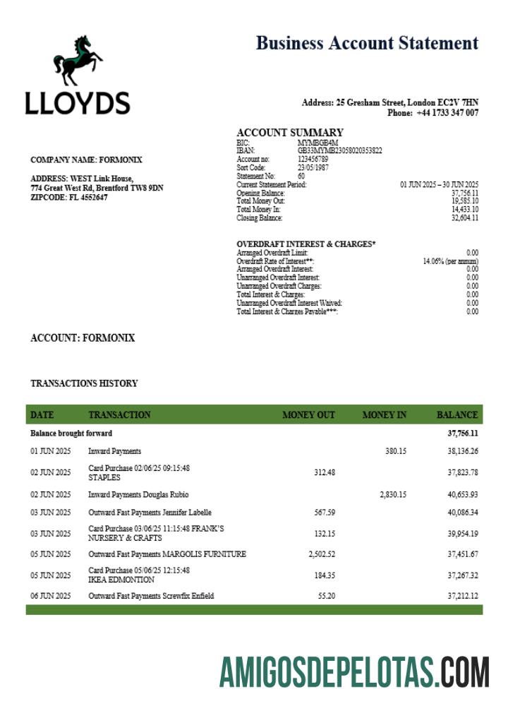Realista Reino Unido Lloyds Organization Statement Modelo Word e PDF
